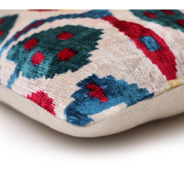 Multicolor Ikat Silk Velvet Pillow 20x20 | Handmade Luxury Designer Cushion For Sale In San Francisco - Image 6 of 8
