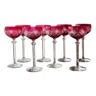 Ruby Cut-to-Clear Crystal Cordial Glasses attributed to Val Saint Lambert, 1950, Set of 8 For Sale