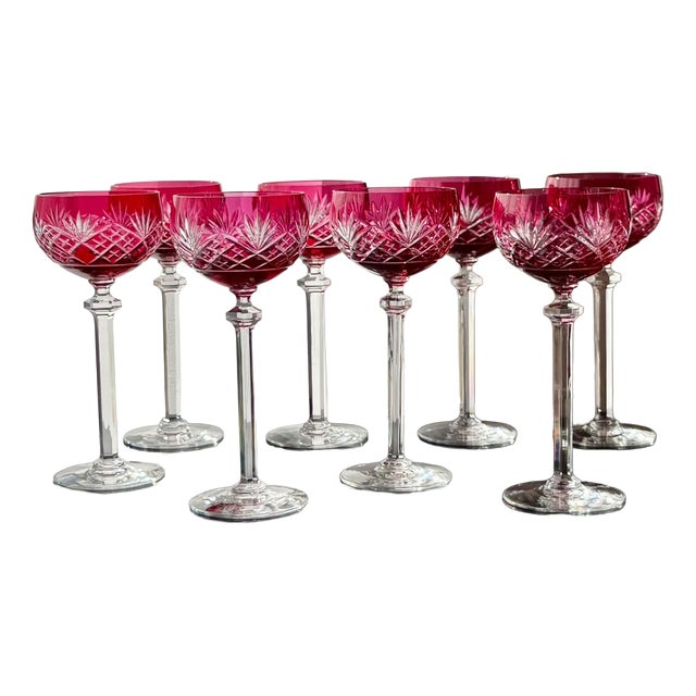 Ruby Cut-to-Clear Crystal Cordial Glasses attributed to Val Saint Lambert, 1950, Set of 8 For Sale