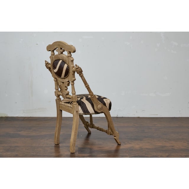 English 1880s Aesthetic Movement Carved Oak Chair with Zebra Upholstery For Sale - Image 9 of 12