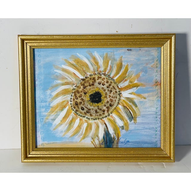 Abstract 1970s Abstract Sunflower Painting Artist Signed in Dark Rustic Frame For Sale - Image 3 of 5
