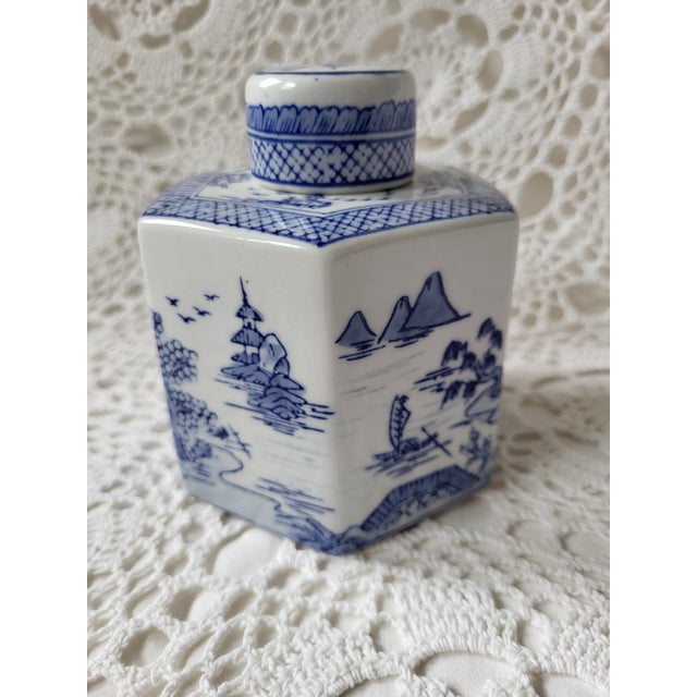 An Andrea by Sadek blue & white porcelain tea canister or vessel, perfect for a traditional, southern or grandmillenial...