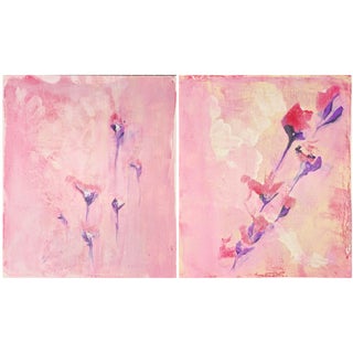Blush & Bloom Diptych 03-04 Set (2) Original Abstract Monoprint Paintings - Art by Carrie Bergey, Tan, Red Pink, Purple For Sale