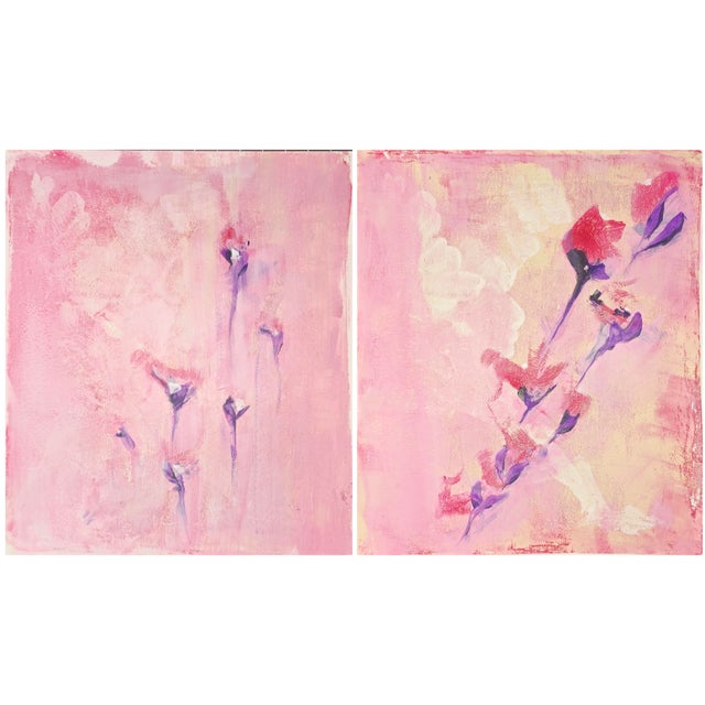 Blush & Bloom Diptych 03-04 Set (2) Original Abstract Monoprint Paintings - Art by Carrie Bergey, Tan, Red Pink, Purple For Sale