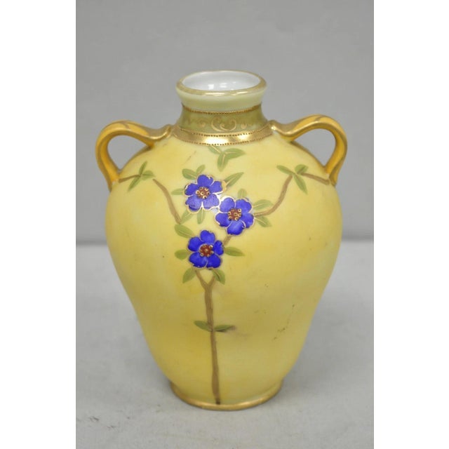 Ceramic Antique Nippon Hand Painted Porcelain Moriage Mountain Scene Small Yellow Vase For Sale - Image 7 of 12