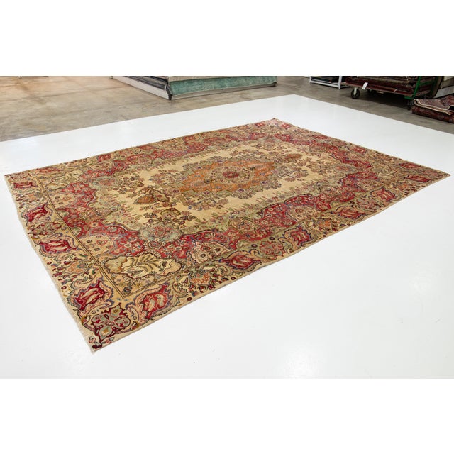 Persian Vintage 1930s Tan Handcrafted Persian Wool Rug With Rosette Motif For Sale - Image 3 of 10
