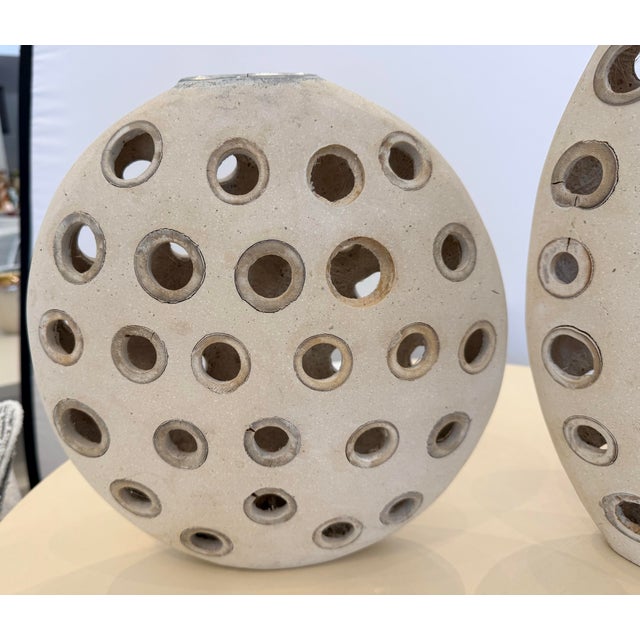 Contemporary Pair of Maitland Smith Clay and Wood Perforated Vases For Sale - Image 3 of 8