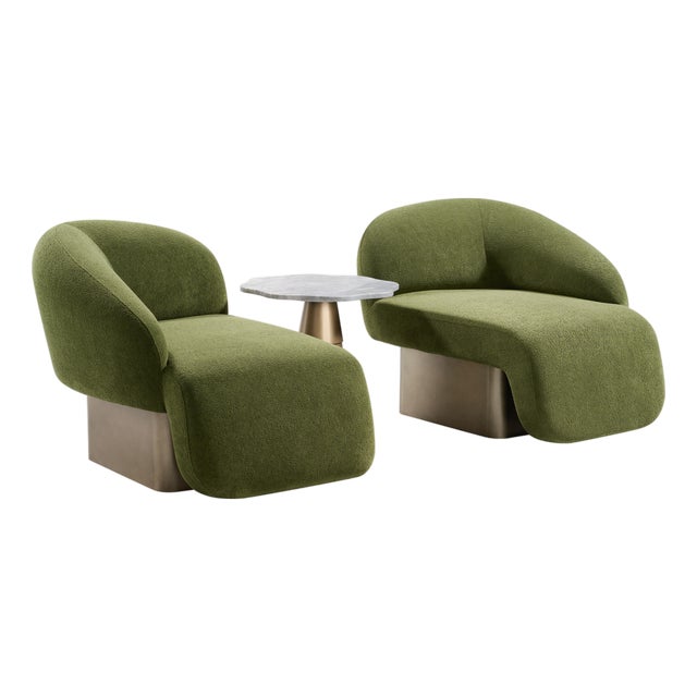 Set of 2 Right Arm and Left Arm Accent Chairs , Lounge Chairs in Green For Sale