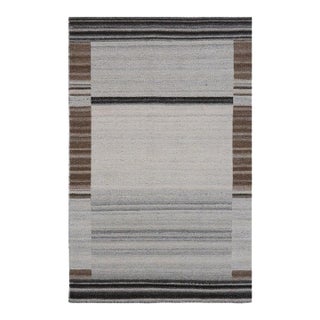 6x9 Gray Handwoven Wool Viscose Framed Linear Texture Geometric Carpet Rug For Sale