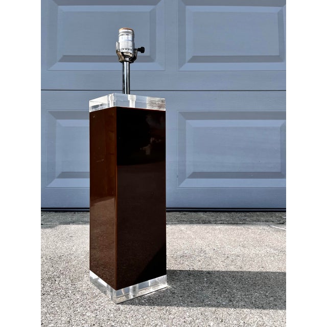 Vintage smoked brown lucite block table lamp by George Bullio. Featuring a unique optical depth, typical of George Bullio...