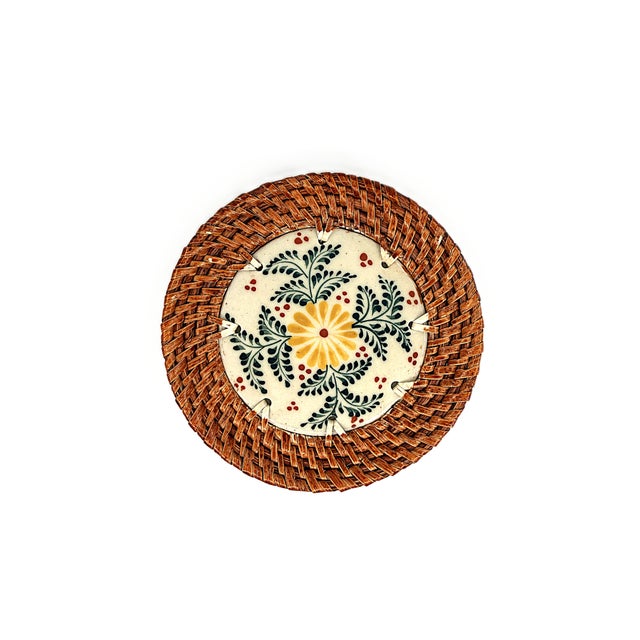 Contemporary Asian Modern Bat Trang Vietnam Rattan & Ceramic Coasters With Hand Painted Yellow Floral Motif - Set of 4 For Sale - Image 3 of 7
