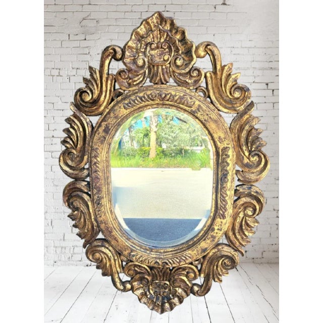 1980s Vintage Large Solid Carved Wood Gold Gilt Oval Hollywood Regency Wall Mirror For Sale - Image 5 of 8