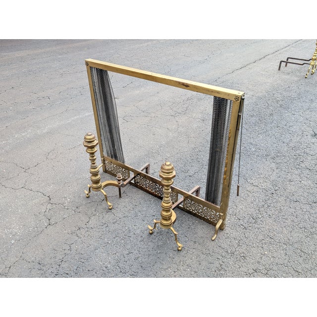 Brass Mid 20th century Hollywood Regency Brass Fireplace Andirons With Flex Screen For Sale - Image 8 of 11