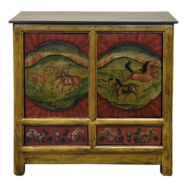 Multi-Color Tibetan Horses Deer Motif Credenza Table Cabinet For Sale