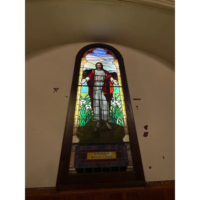 A monumental 8-foot American Opalescent stained-glass memorial window attributed to J&R Lamb Studios or like kind (Lamb...