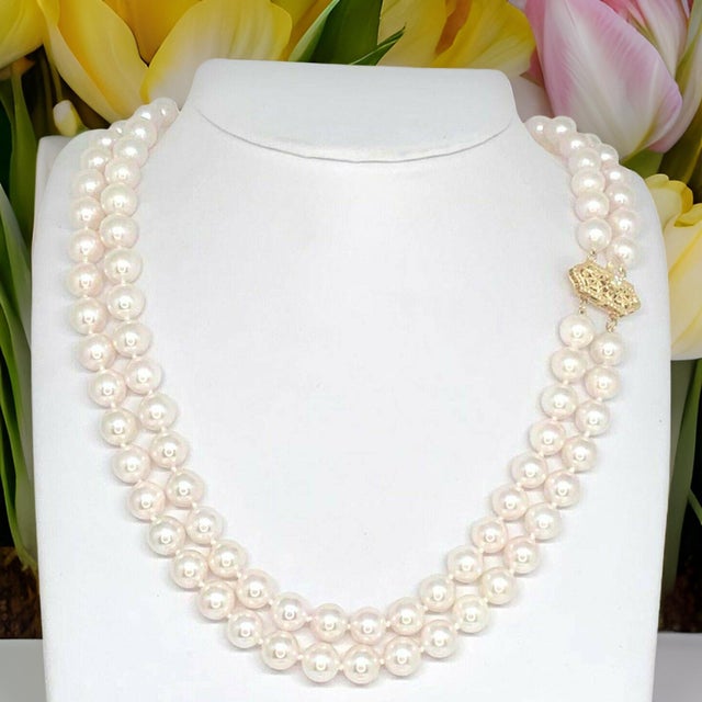 1990s Diamond Akoya Pearl Necklace 8 Mm 14k Gold 17 in 2-Strand Certified For Sale - Image 14 of 16
