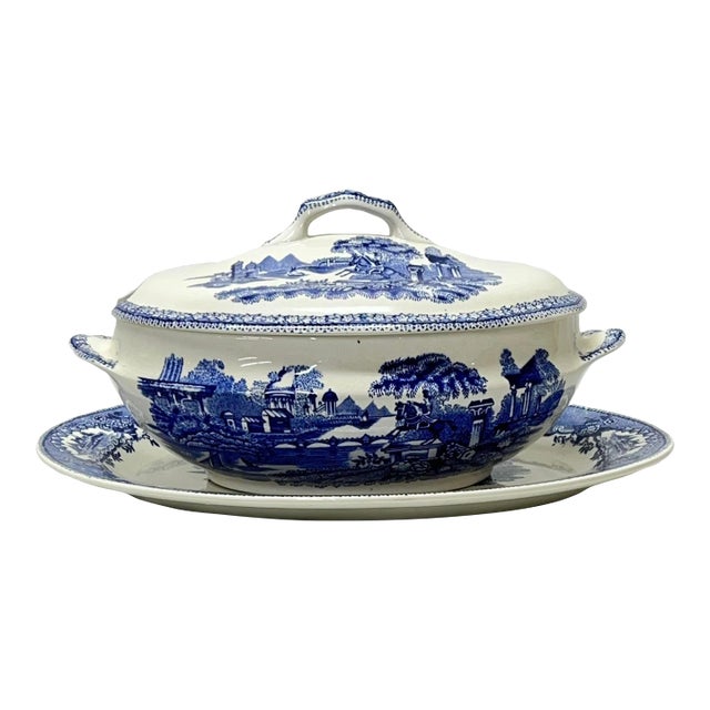 Early 1900s Blue Transferware Tureen and Underplate Marked Estatua Gilman & Cta Sacavem Portugal For Sale