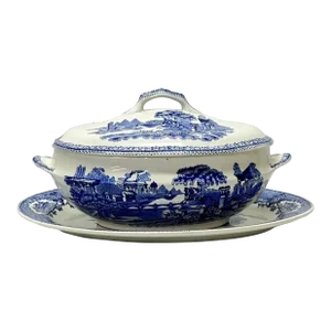 Early 1900s Blue Transferware Tureen and Underplate Marked Estatua Gilman & Cta Sacavem Portugal