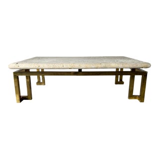 1980's Postmodern - Style Brass and Natural Coquina Top Rectangular Coffee Table For Sale