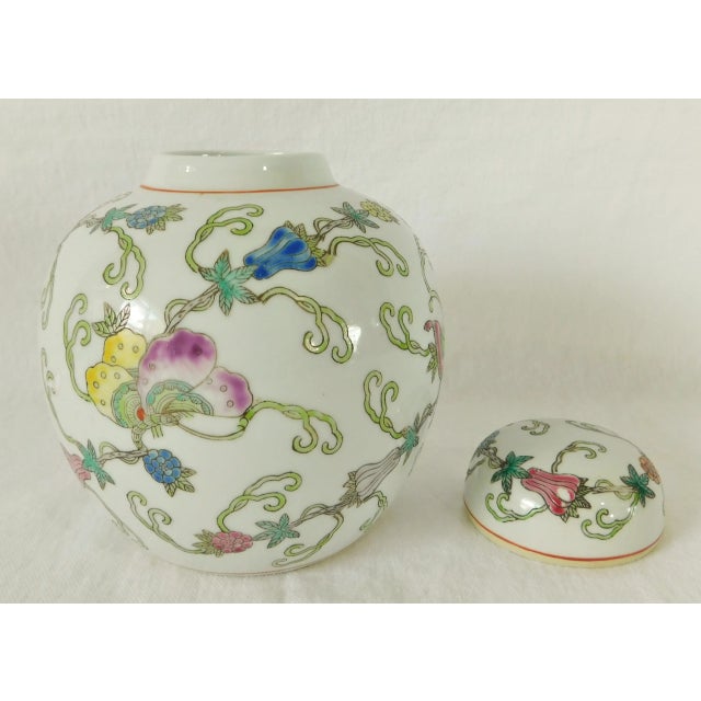 White Vintage Mid Century Chinese Hand Painted Porcelain Butterfly & Floral Ginger Jar For Sale - Image 8 of 10