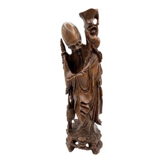 Impressive and Substantial 23-Inch Carved Wood Statue of Shou Lao, Chinese God of Longevity – Mid-20th Century For Sale