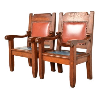 Harden Furniture Style Antique Arts & Crafts Carved Oak Library Chairs, Pair For Sale