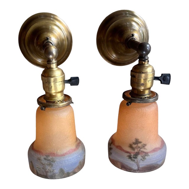 1910s Painted Arts and Crafts Glass Shades on Original Patina Brass Wall Sconces - a Pair For Sale