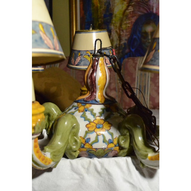 Vintage Portuguese Chandelier Fábrica Sant'Anna Ceramic Art 5 Light W/Chain For Sale - Image 4 of 15