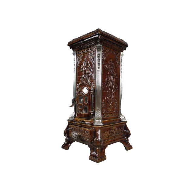 Antique French Art Nouveau Brown Majolica and Enameled Cast Iron Fireplace Tower Stove with Floral Reliefs, 1920s For Sale - Image 14 of 14