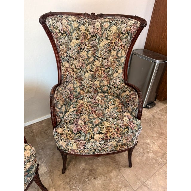 Victorian Pair of Vintage Victorian-Style Floral Wingback Chairs For Sale - Image 3 of 9