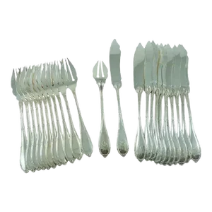 Antique French Sterling Silver Fish Service for Twelve, Belle Epoque Era Flatware Set- 24 Pieces