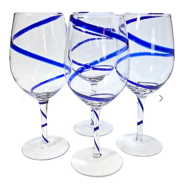 Vintage Wine Glasses Glass Blue White Swirl Chinoiserie Jumbo Cobalt Ribbon Goblet - Set of 4 For Sale - Image 10 of 11