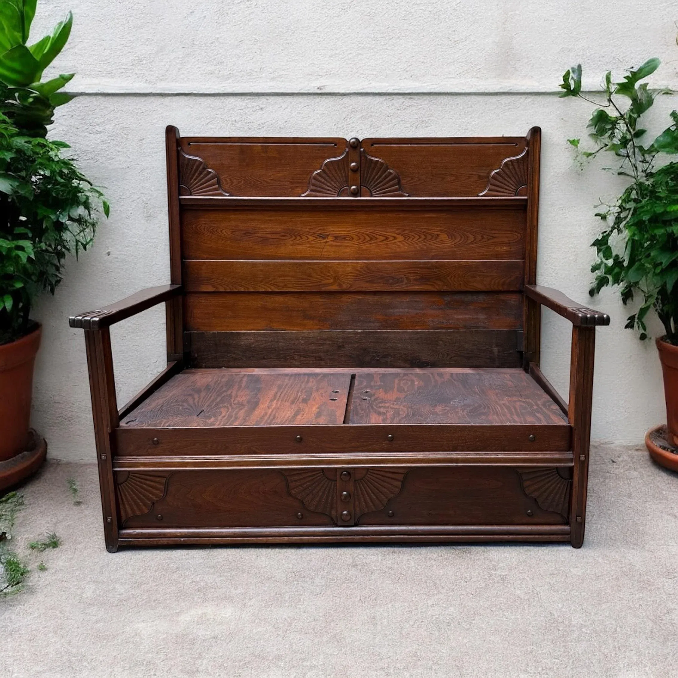 Antique Victorian Eastlake High Back Box Settle Bench With Storage