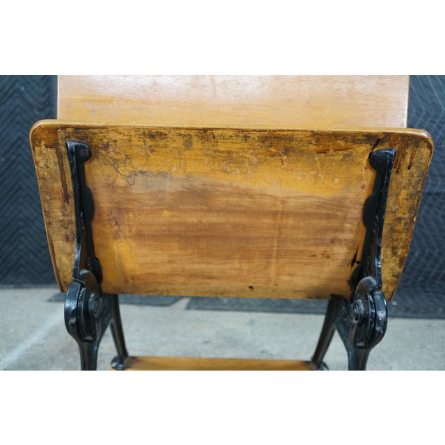 Antique American Solid Maple Classroom School Desk Cast Iron Flip-Up Chair Combo For Sale - Image 14 of 18