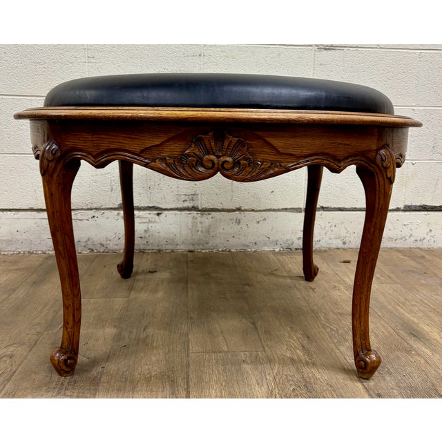 Wood Vintage Louis XV Style Carved Walnut and Vinyl Ottoman or Stool For Sale - Image 7 of 10