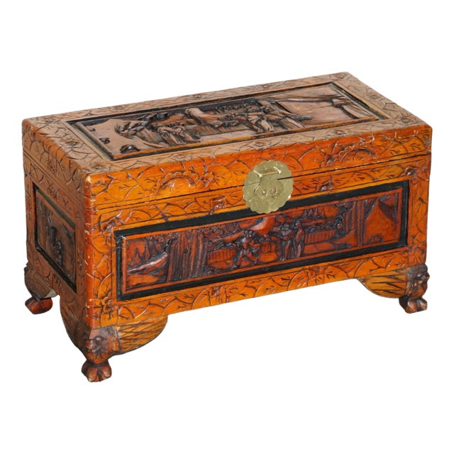 Antique Chinese Hand Carved Camphor Wood Travelling Trunk, 1900s For Sale