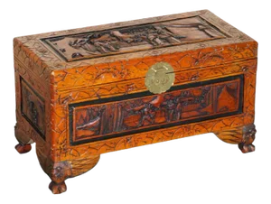 Antique Chinese Hand Carved Camphor Wood Travelling Trunk, 1900s