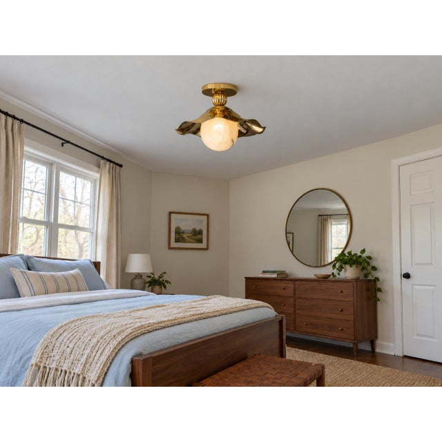 Alabaster Wavy Brass Flush Mount Light With Alabaster Globe For Sale - Image 8 of 13