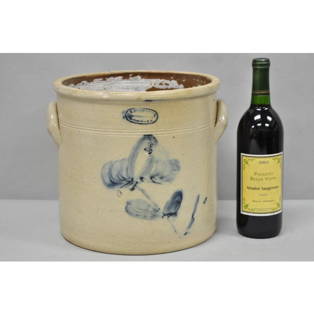 Antique A.E. Smith & Sons Cobalt Blue Painted Flower 3 Gallon Stoneware Crock with Handles. Circa Mid 19th Century....