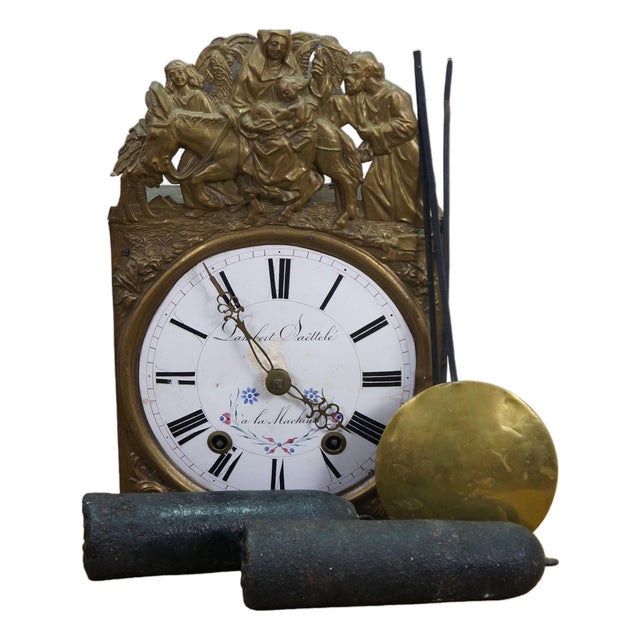 Antique French Morbier Comtoise Movement Clock Face Weights & Pendulum For Sale