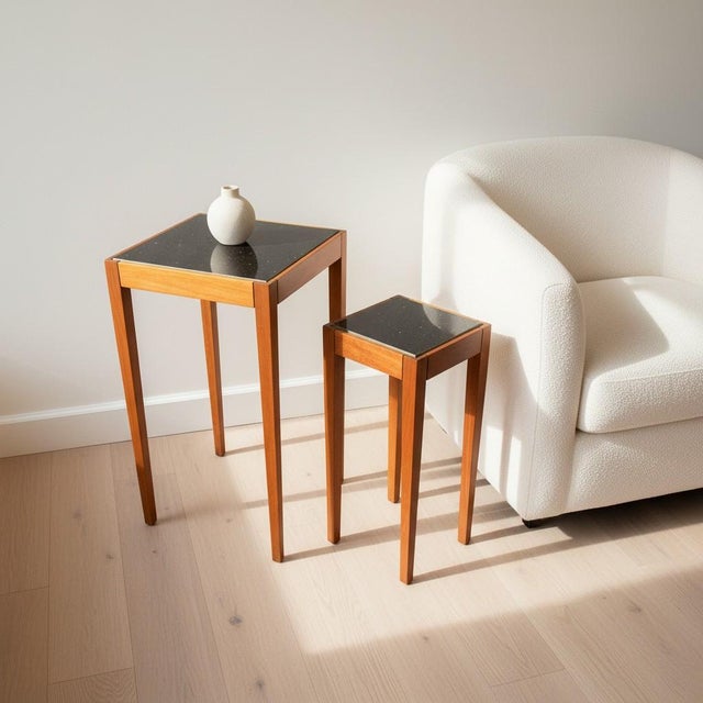 Vintage c.1960s–70s pair of Mid-Century Modern nesting/side tables featuring slender warm-toned wood frames and removable...