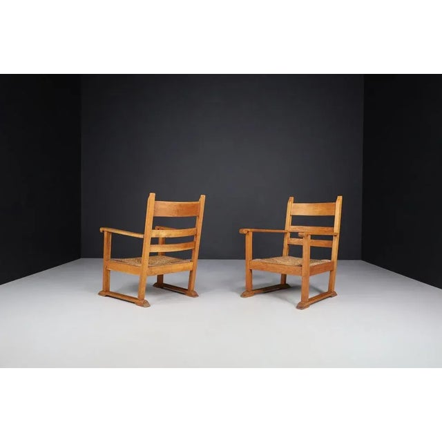 French Provincial Oak and Rush Armchairs, France, 1940s, Set of 2 For Sale - Image 3 of 10