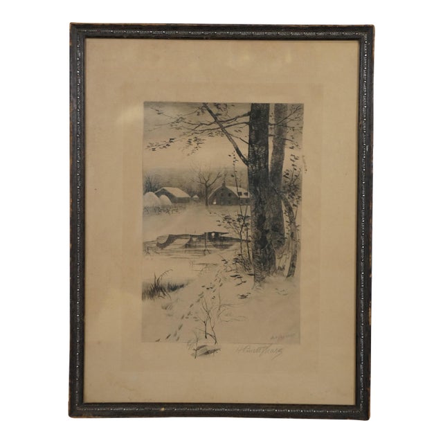 Antique 1887 Henry Pruett Share Signed Winter Farm Landscape Etching 20", Framed For Sale