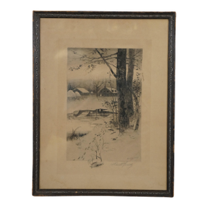 Antique 1887 Henry Pruett Share Signed Winter Farm Landscape Etching 20", Framed