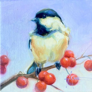 Sweet Berry Treat by Lani Vlaanderen | Oil on Linen Bird perched on a branch with red berries. For Sale