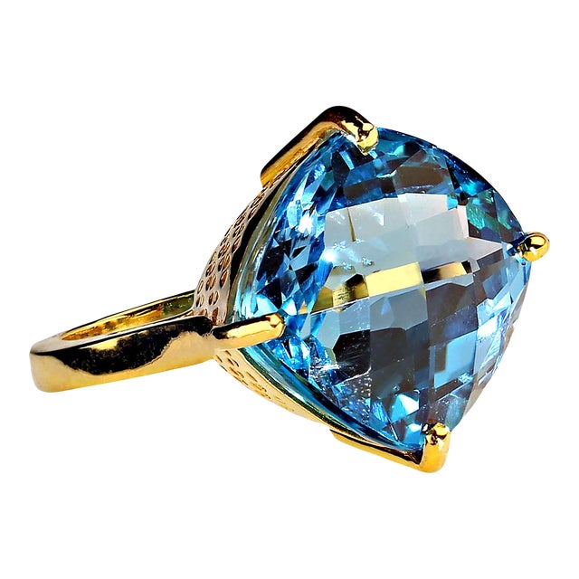 AJD Swiss Blue Topaz Antique Cushion Cut in Gold Over Sterling Ring Size 8 For Sale