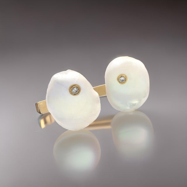 2010s Diamond Fresh Water Pearl Cufflinks 14k Gold Designer Certified For Sale - Image 5 of 7