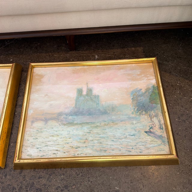French Mid 20th Century Pair of Original Seine River Paintings by Andre Barbier For Sale - Image 3 of 12