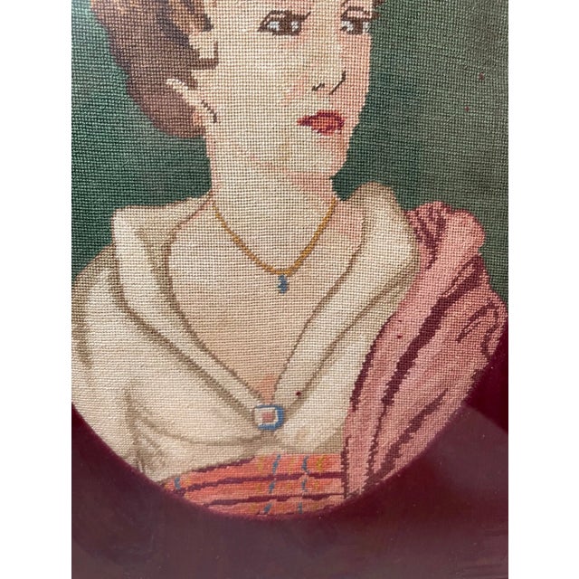 Antique 1800's Victorian Hand Embroidered Figural Lady Needlepoint Portrait Art For Sale - Image 4 of 8