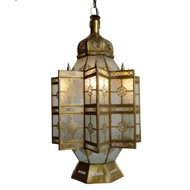 Vintage Moroccan Brass & Etched Glass Pendant Light For Sale In Los Angeles - Image 6 of 11